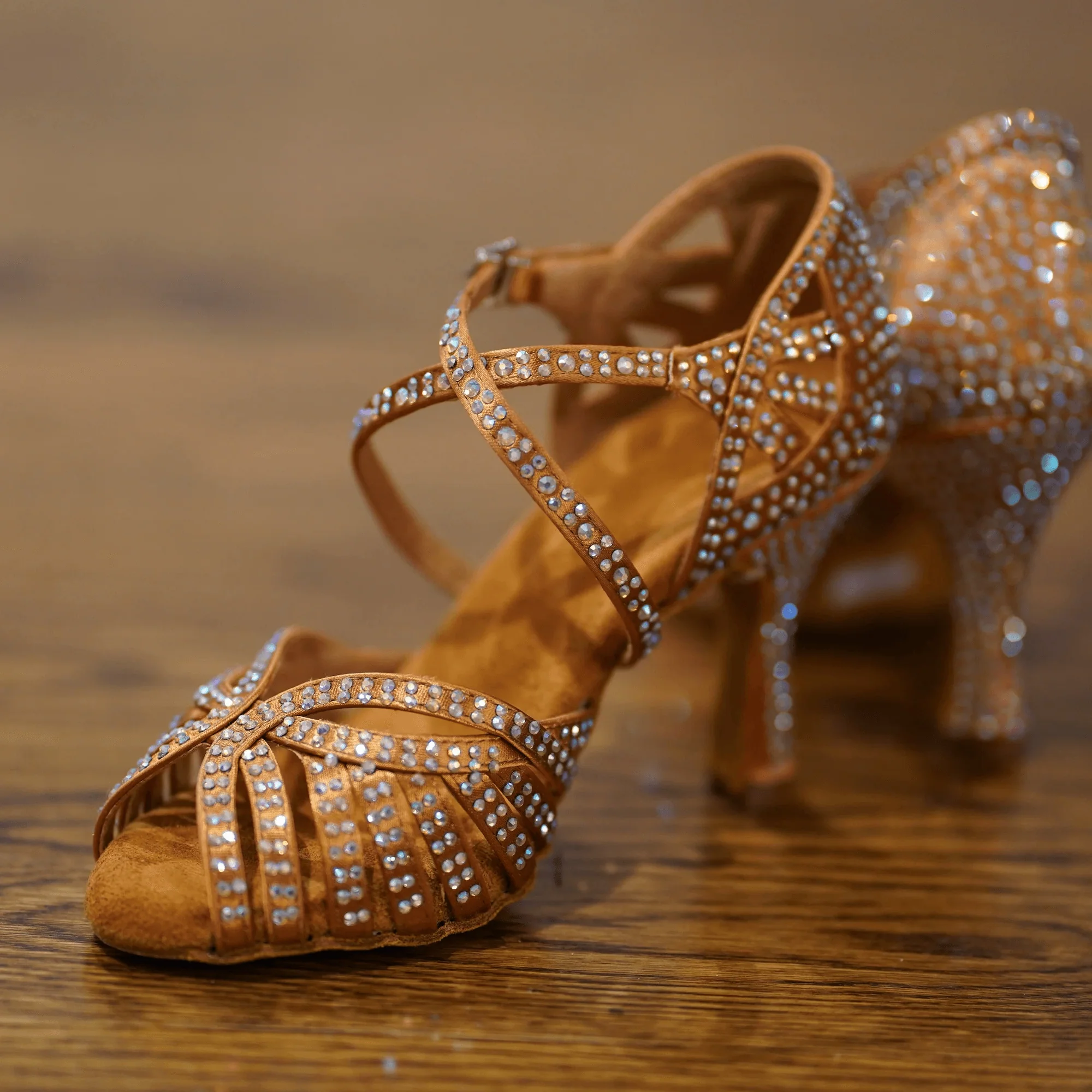 Abelia Tan Rhinestone Double Padded Latin Dance Shoes (Suede Sole) - Image 3