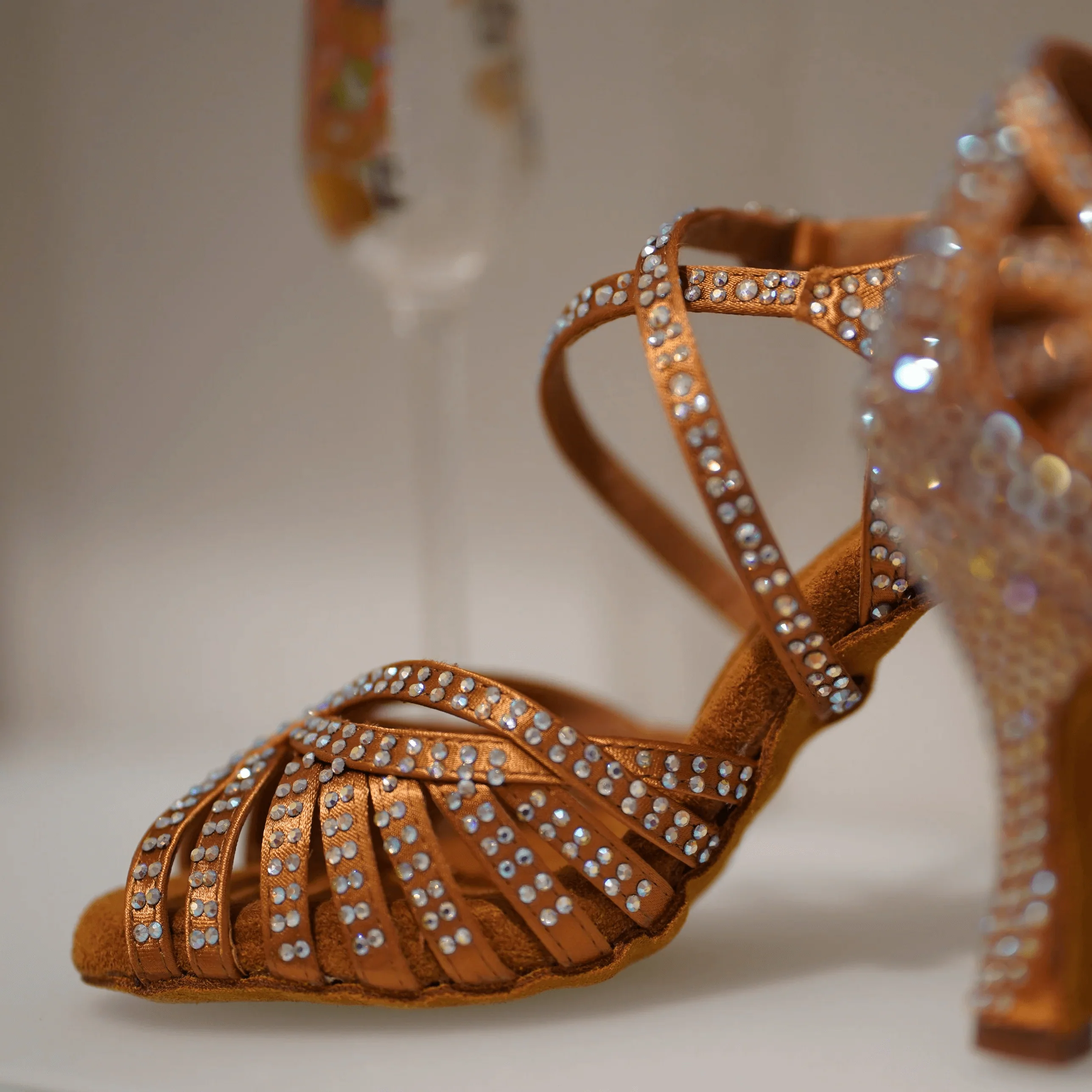Abelia Tan Rhinestone Double Padded Latin Dance Shoes (Suede Sole) - Image 4