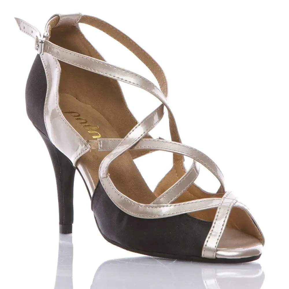 Arlette - Black Satin with Patent Criss Cross Latin Dance Shoe (Suede Sole) - Image 2