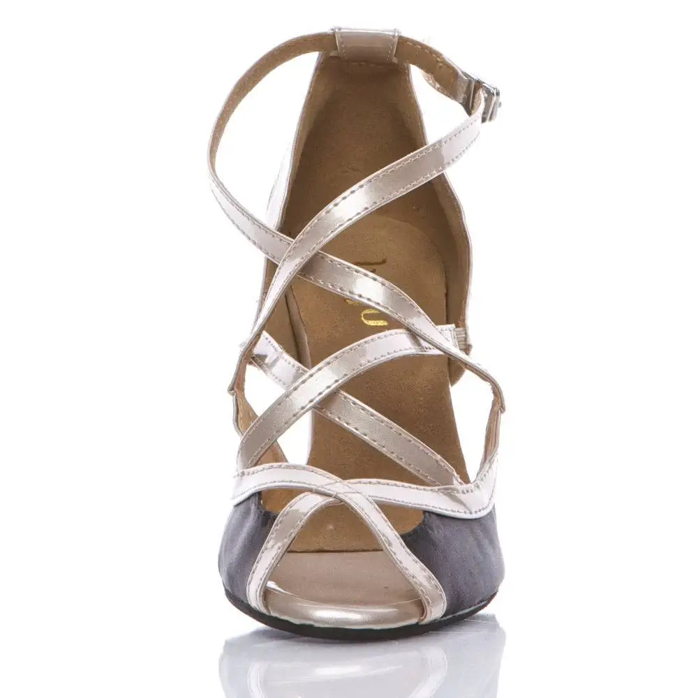 Arlette - Black Satin with Patent Criss Cross Latin Dance Shoe (Suede Sole) - Image 4
