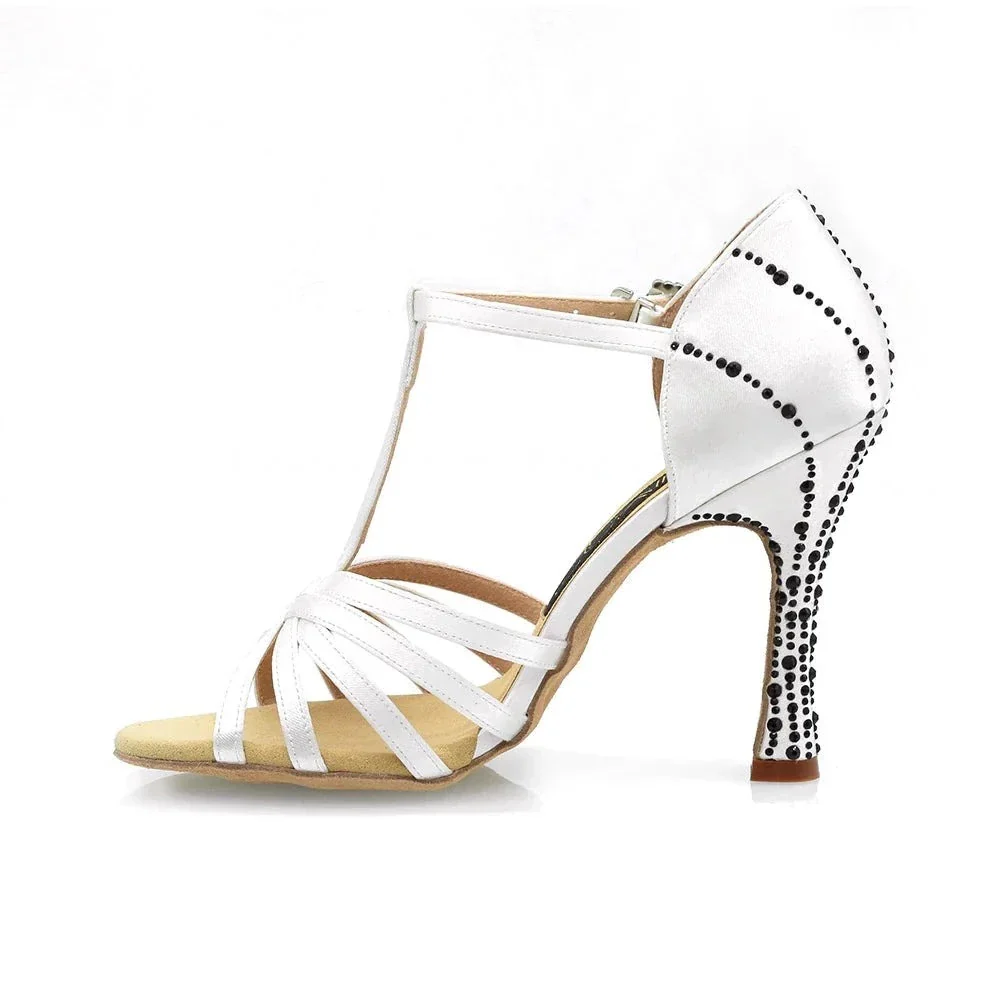 Bianca - White Satin & Black Crystal 3.75” Latin Dance Shoes - Image 10