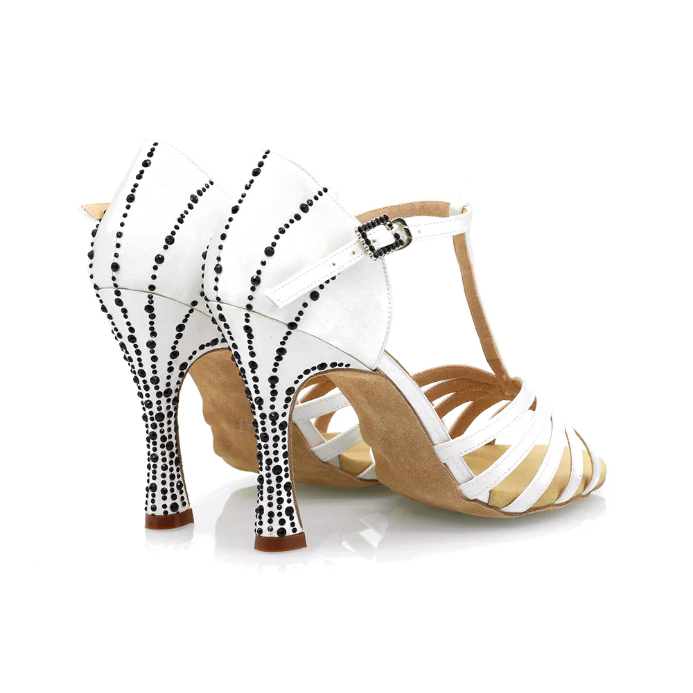 Bianca - White Satin & Black Crystal 3.75” Latin Dance Shoes - Image 3