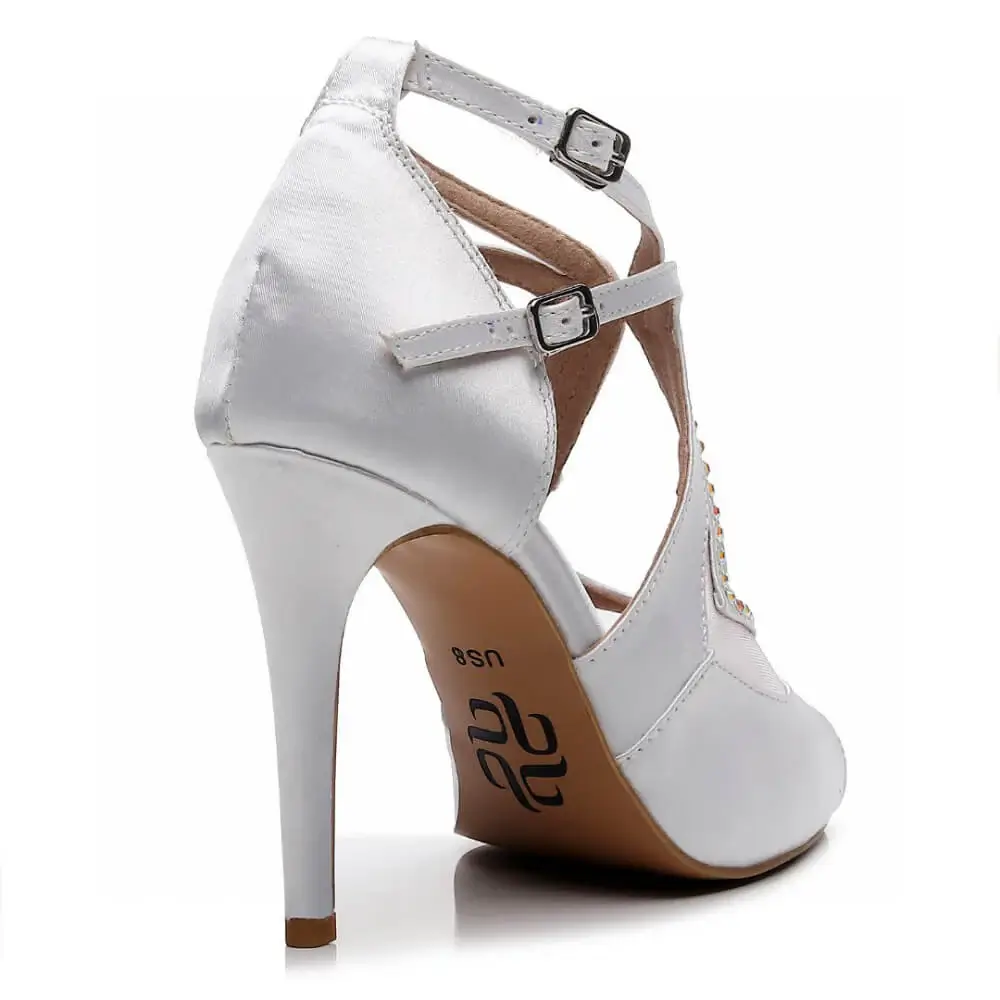 Brittanee - Satin Crystal Stiletto Peep Toe Latin Dance Shoes (Street Sole) - Image 9