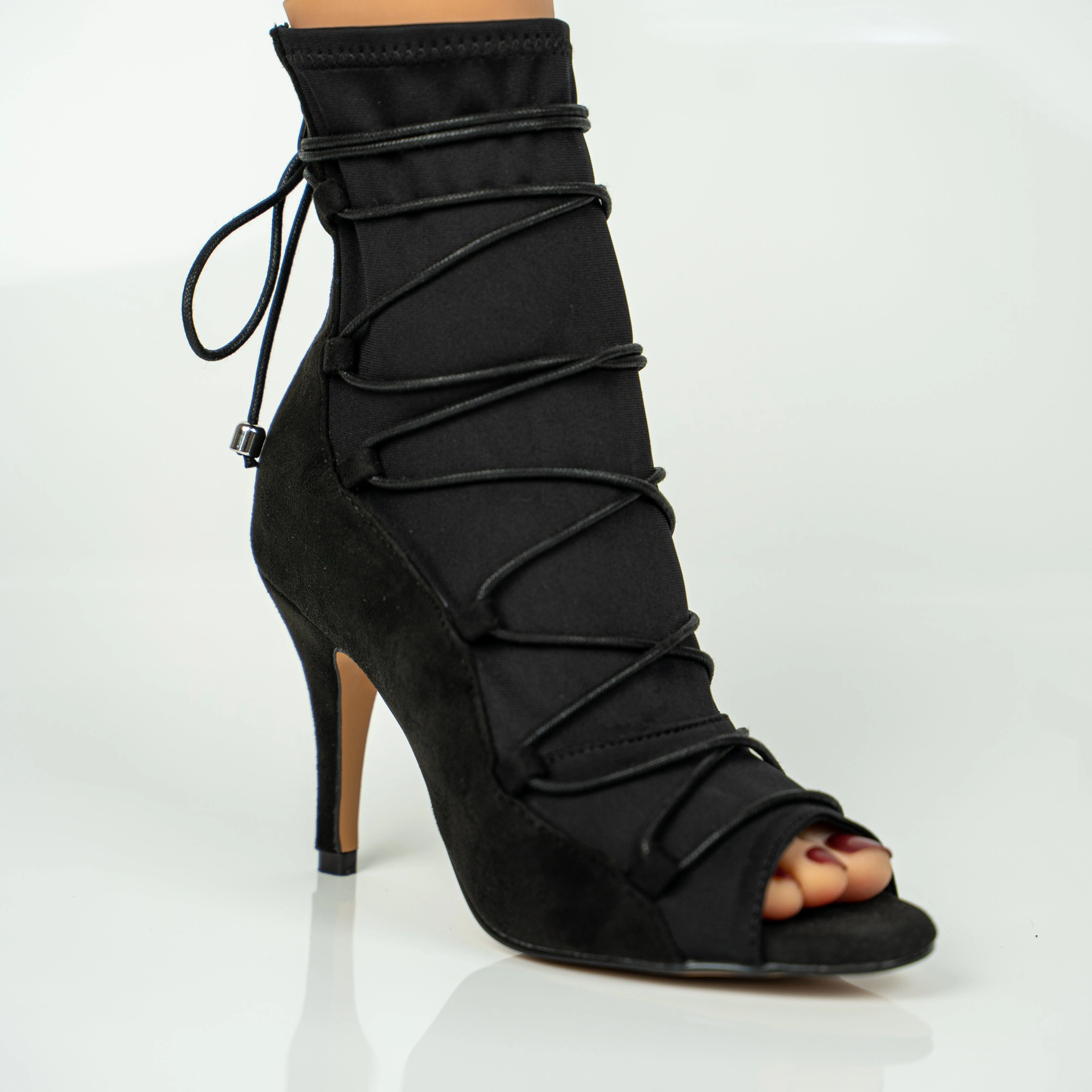 Eva Black Open Toe Lace Up Sock Bootie Dance Shoes - Image 5