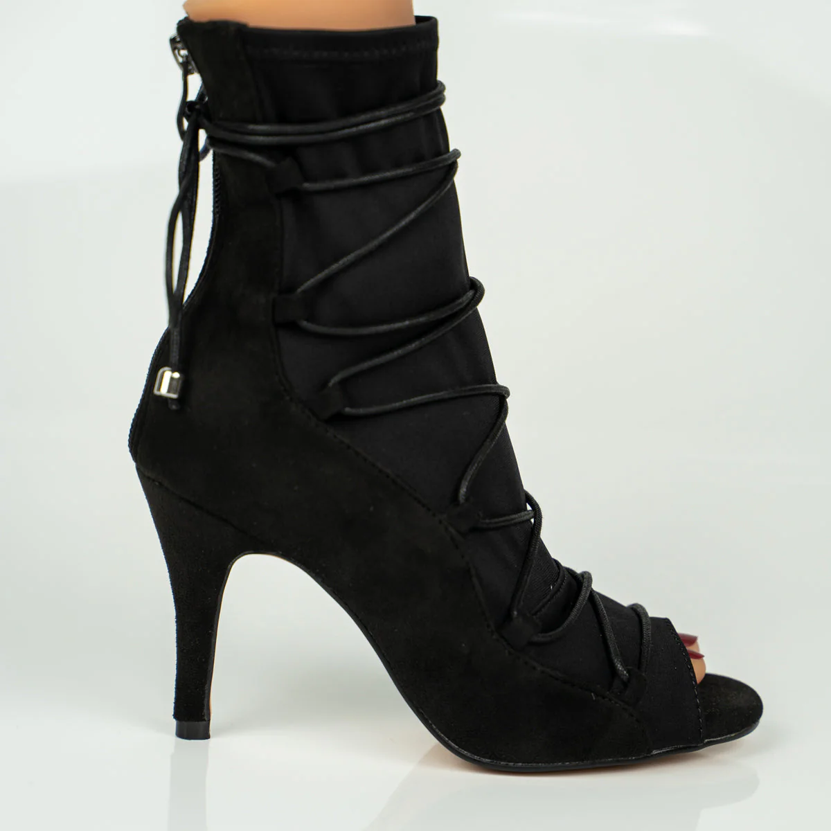 Eva Black Open Toe Lace Up Sock Bootie Dance Shoes - Image 8