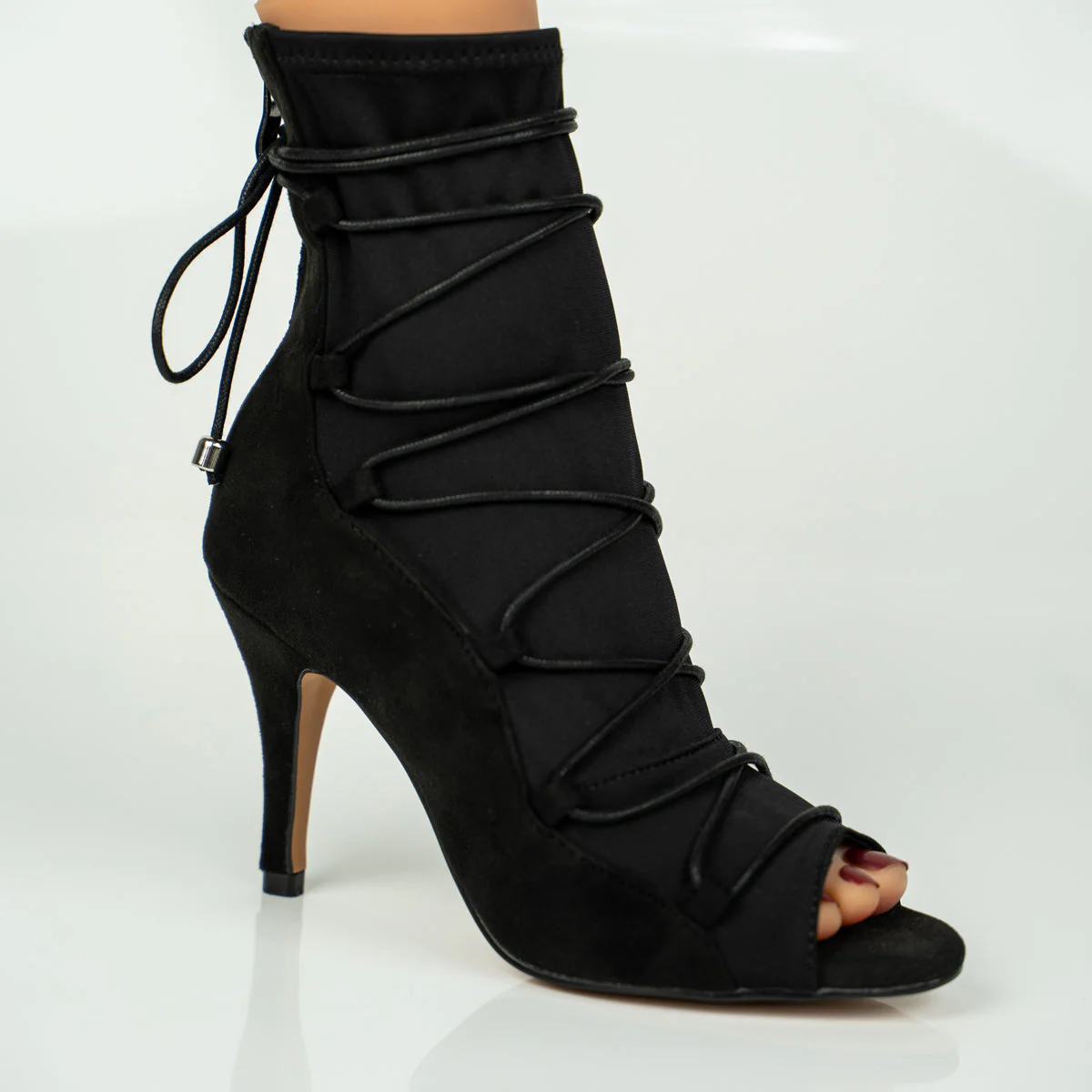 Eva Black Open Toe Lace Up Sock Bootie Dance Shoes - Image 9