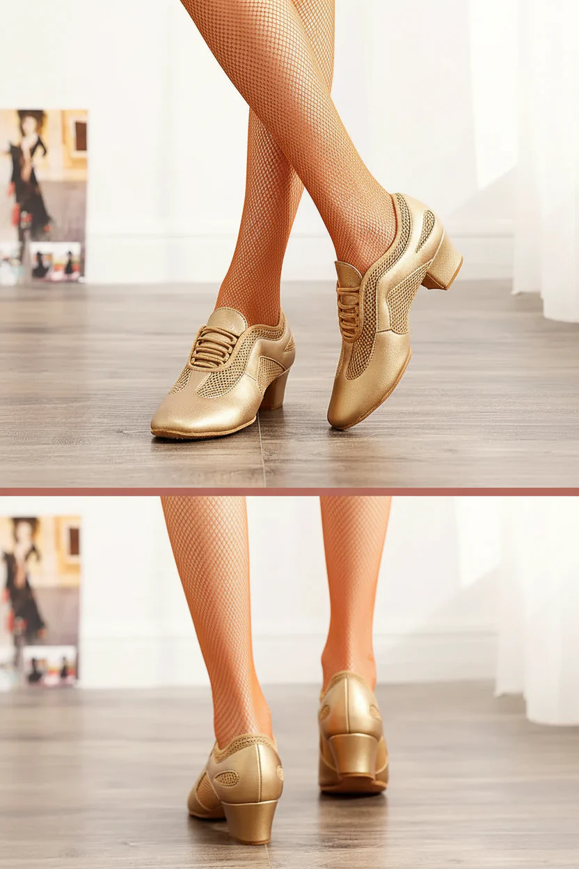 Flex Practice Soft Gold Latin Dance Shoes – 1.5'' Heel with Suede Sole - Image 4