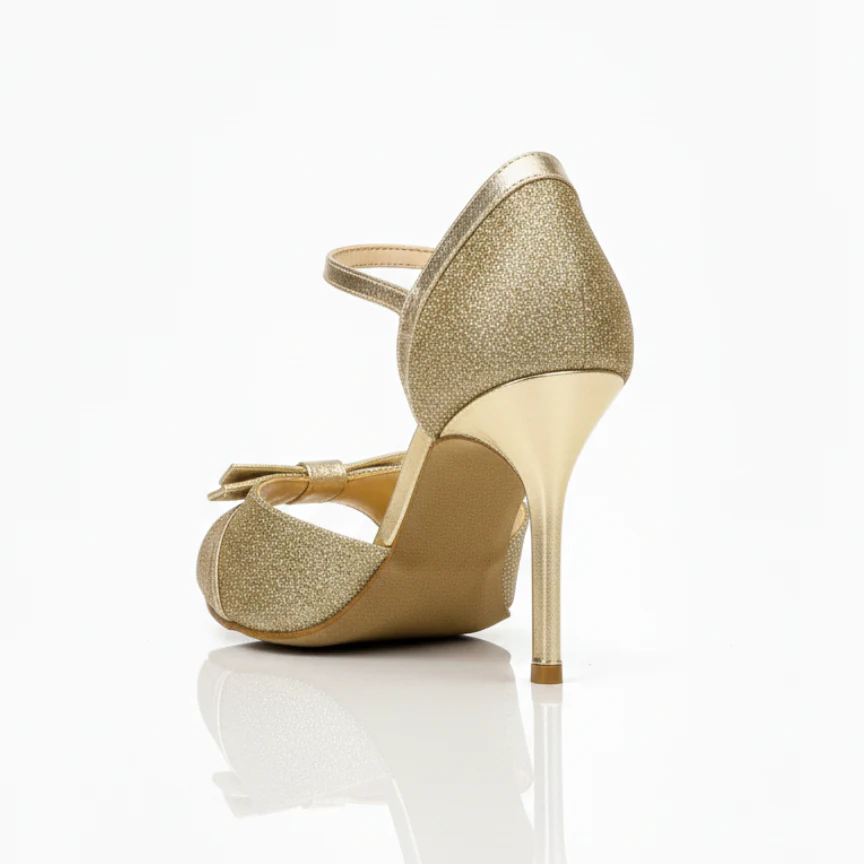 Gold Sequel - Leather, Lame & Bow Argentine Tango Dance Shoes (Suede Sole) - Image 4