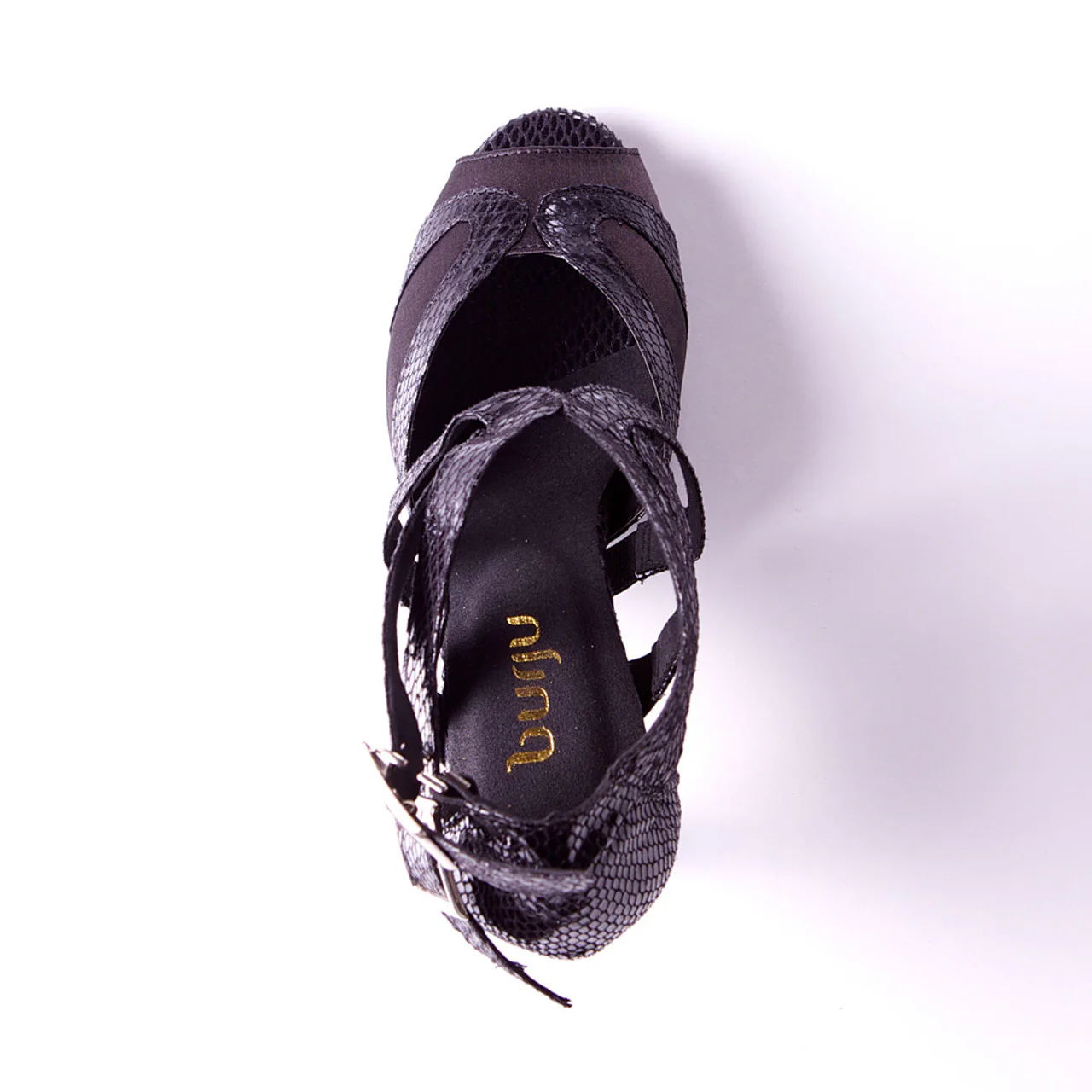 Isabel - Black Metallic Open Toe Cross Strap Stiletto Latin Dance Shoes (Suede Sole) - Image 4