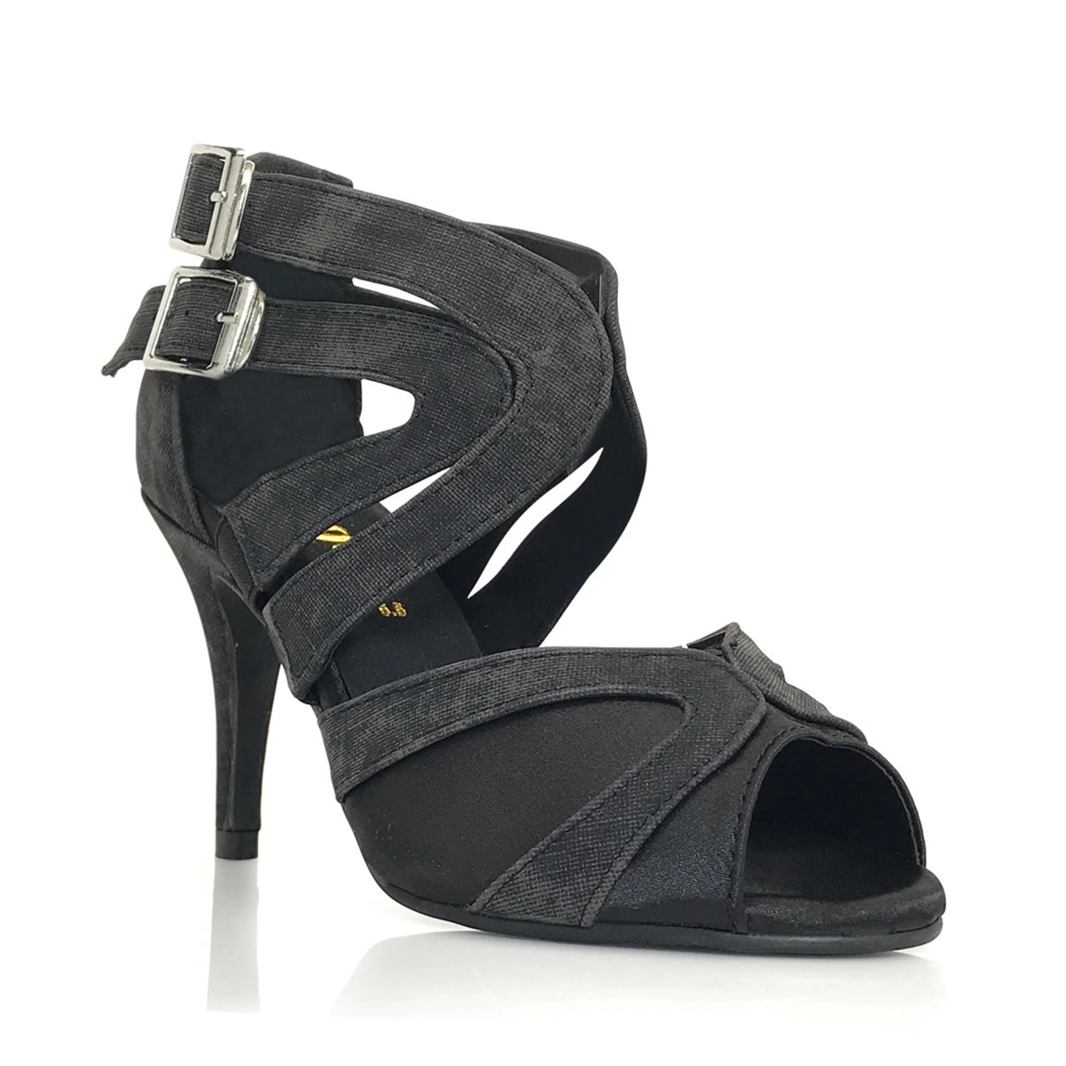 Isabel - Black Denim Open Toe Cross Strap Stiletto Latin Dance Shoes (Street Sole)