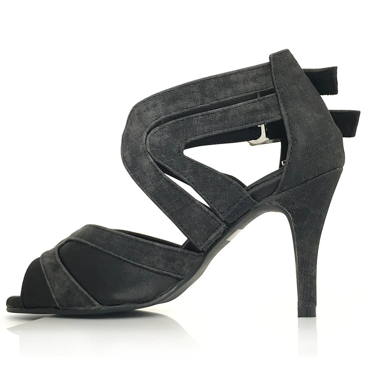 Isabel - Black Denim Open Toe Cross Strap Stiletto Latin Dance Shoes (Street Sole) - Image 2