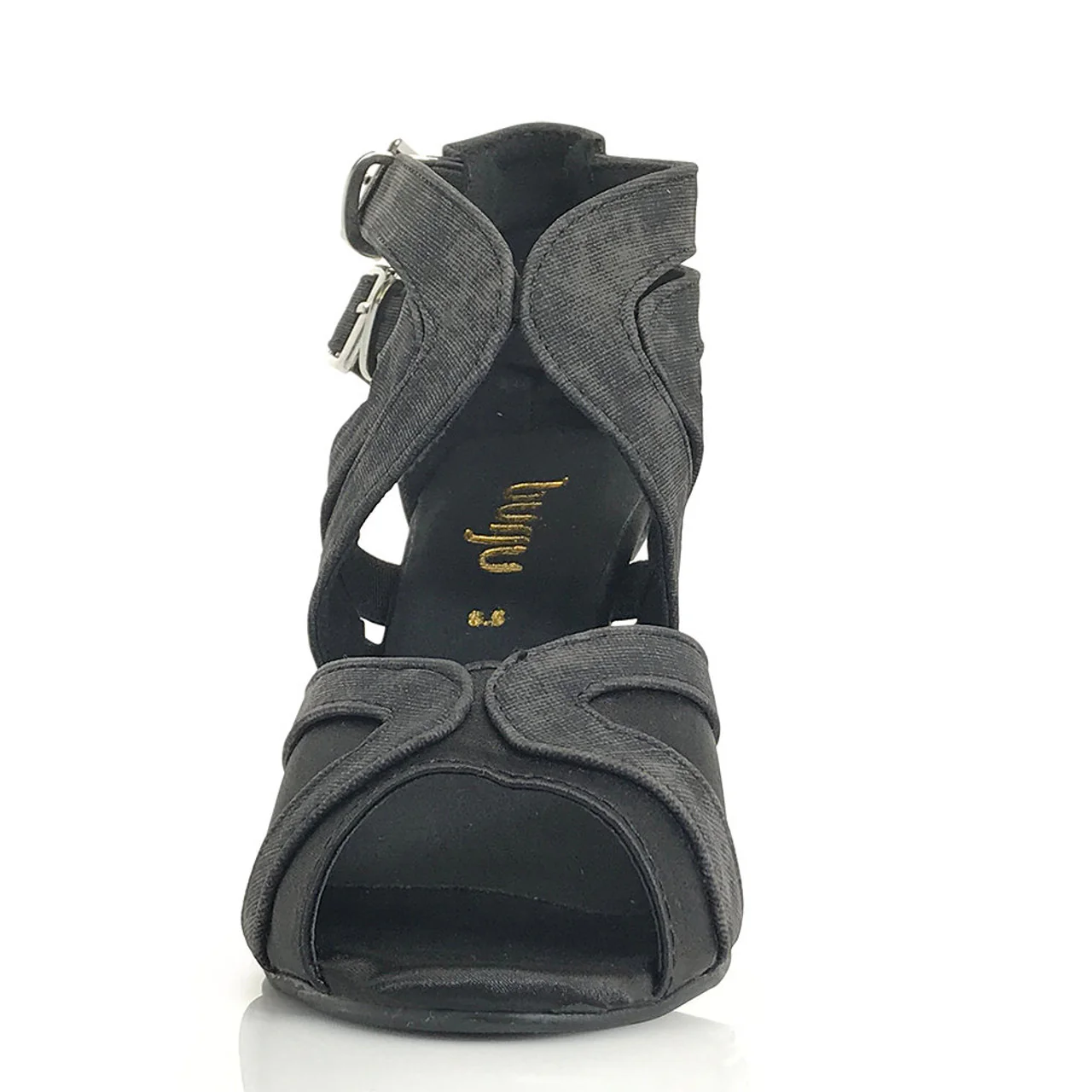Isabel - Black Denim Open Toe Cross Strap Stiletto Latin Dance Shoes (Street Sole) - Image 3