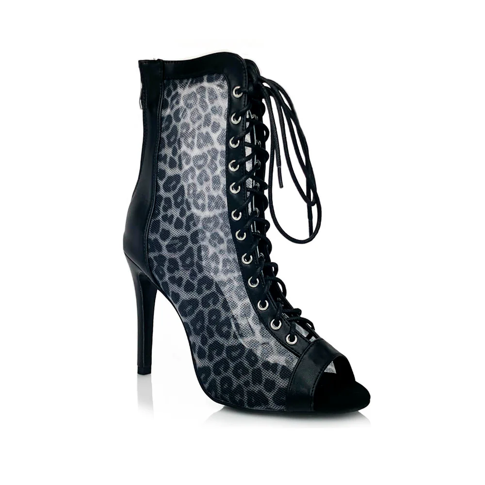 Leona Black Leopard Mesh Open Toe Lace-Up Latin Dance Booties (Street Sole) - Image 2
