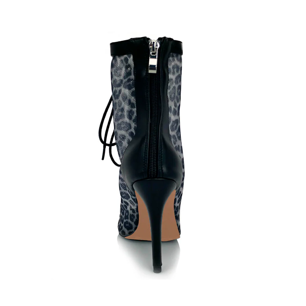 Leona Black Leopard Mesh Open Toe Lace-Up Latin Dance Booties (Street Sole) - Image 4