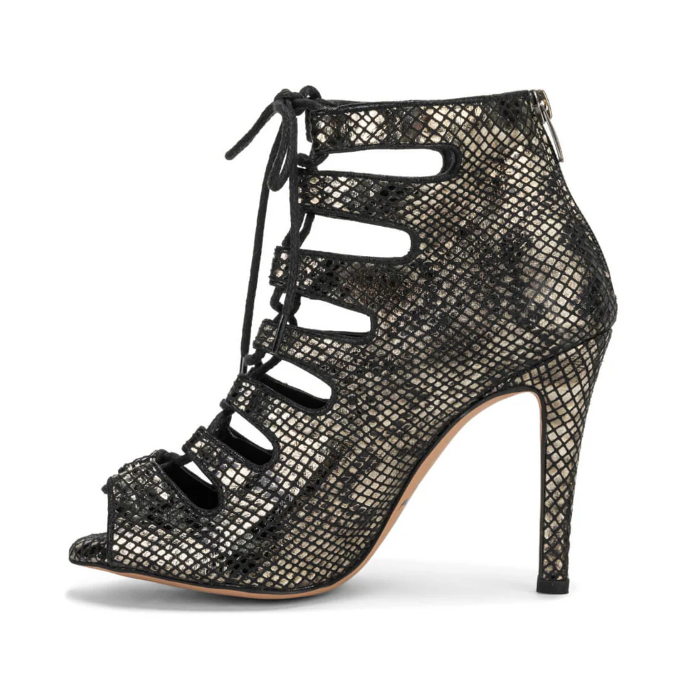 Luciana - Lace Up Metallic Black Snake Print Open Toe Bootie (Street Sole) - Image 2