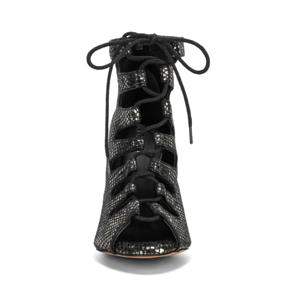 Luciana - Lace Up Metallic Black Snake Print Open Toe Bootie (Street Sole) - Image 3