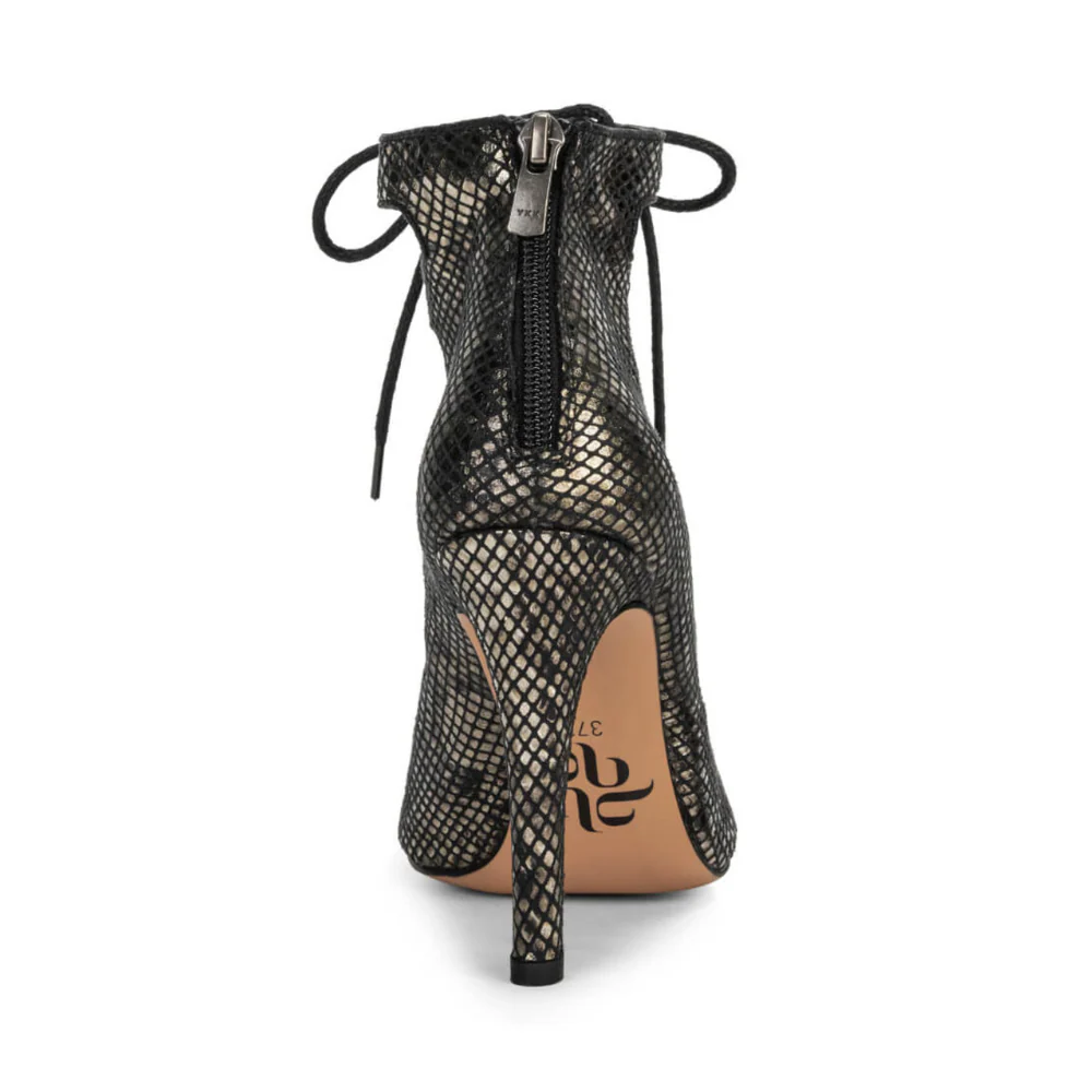 Luciana - Lace Up Metallic Black Snake Print Open Toe Bootie (Street Sole) - Image 4