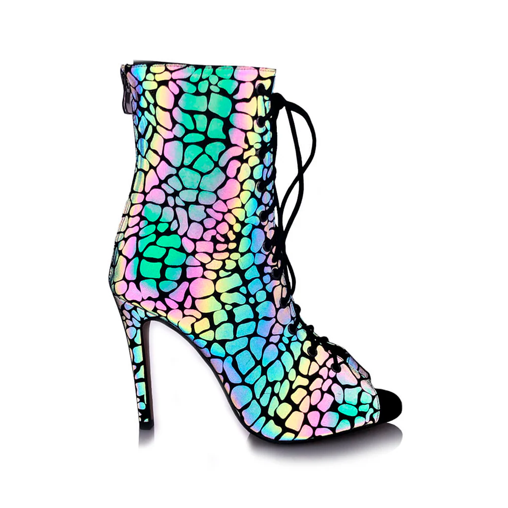 Nina - Rainbow Iridescent Reflective Open Toe Latin Dance Booties (Street Sole)