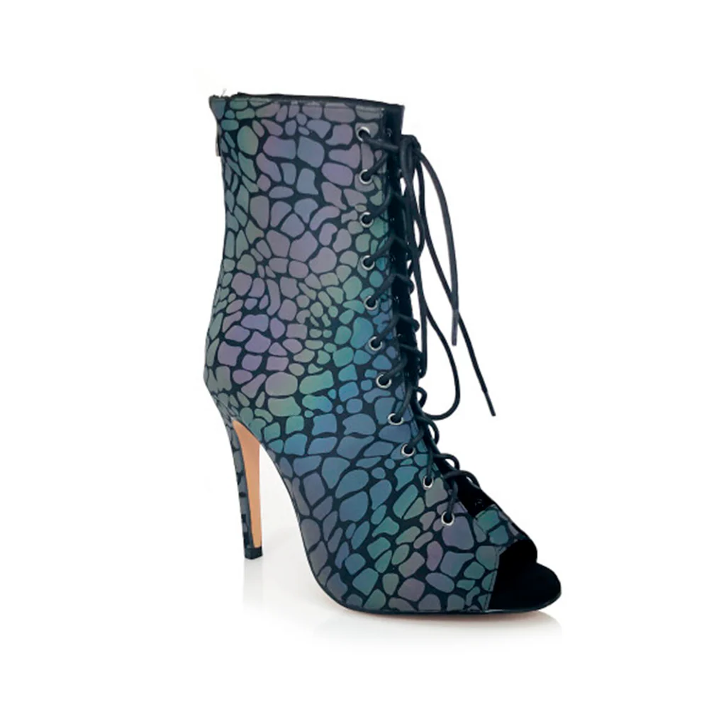 Nina - Rainbow Iridescent Reflective Open Toe Latin Dance Booties (Street Sole) - Image 2