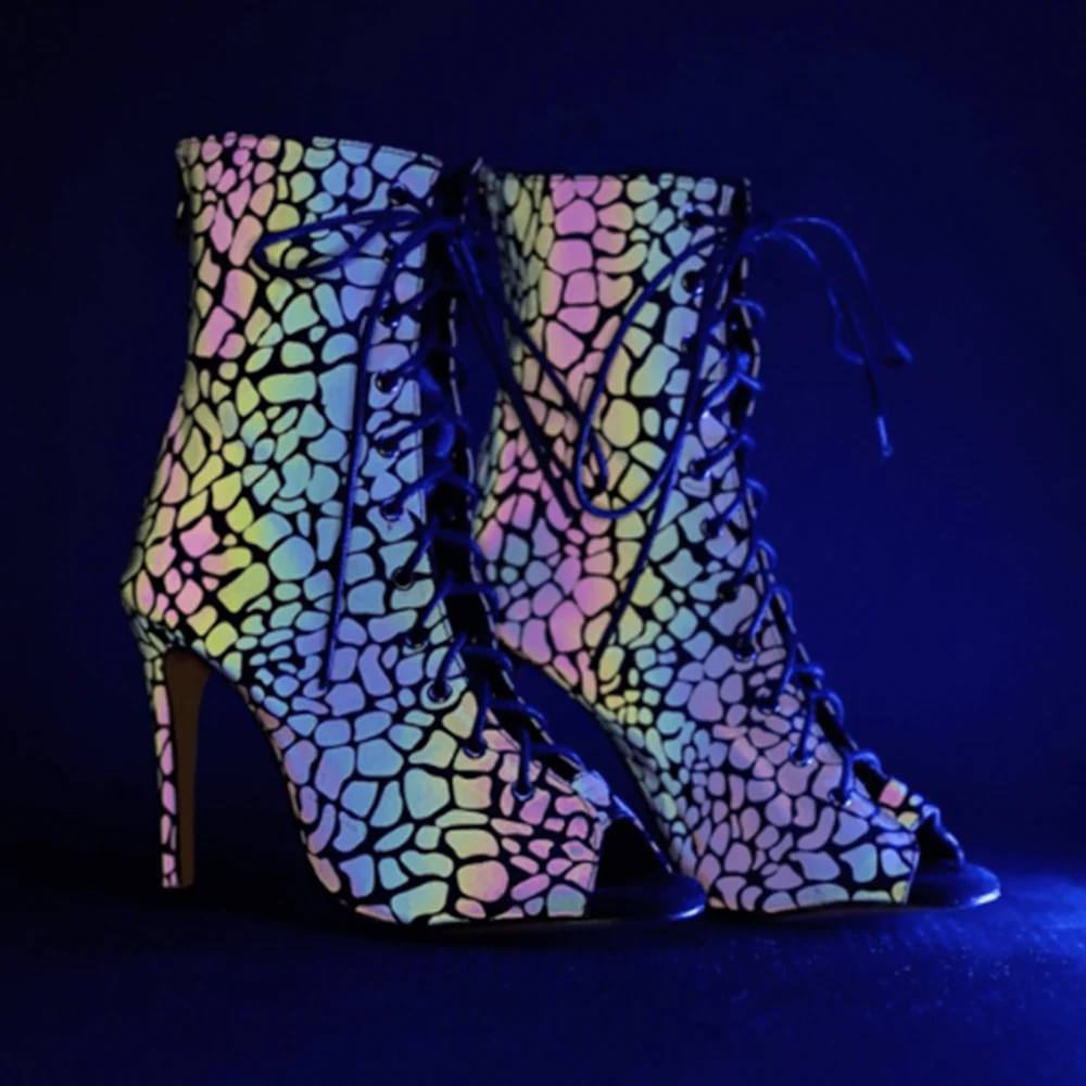 Nina - Rainbow Iridescent Reflective Open Toe Latin Dance Booties (Street Sole) - Image 4
