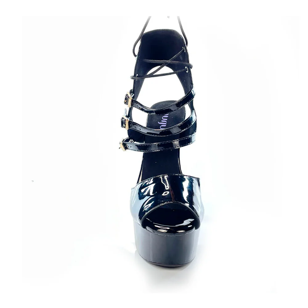 Please Her - By Nicole Kirkland - Black Strappy Open Toe Platform Dance Heels (Street Sole) - Image 3