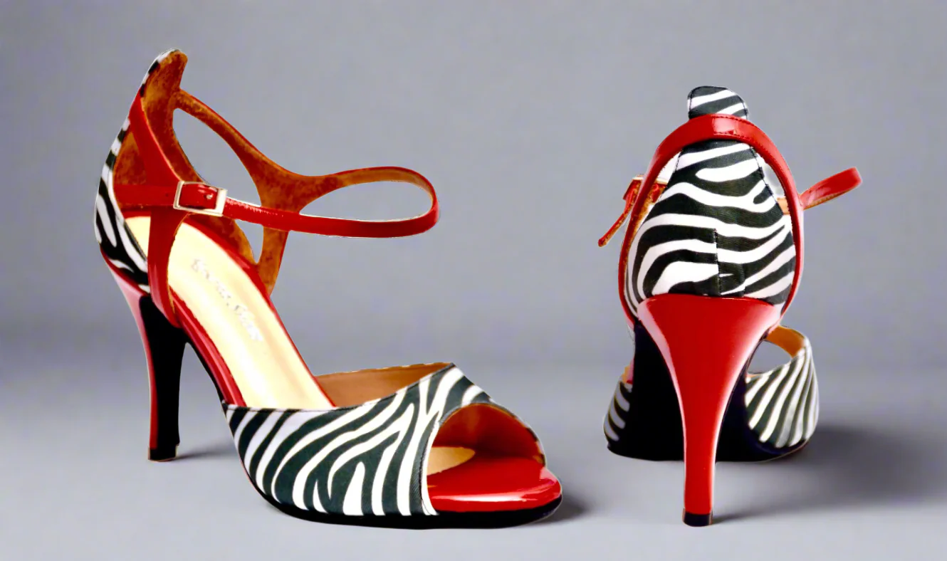 Red B/W Zebra - Red Leather & Satin Zebra Print Tango Shoes - Image 4