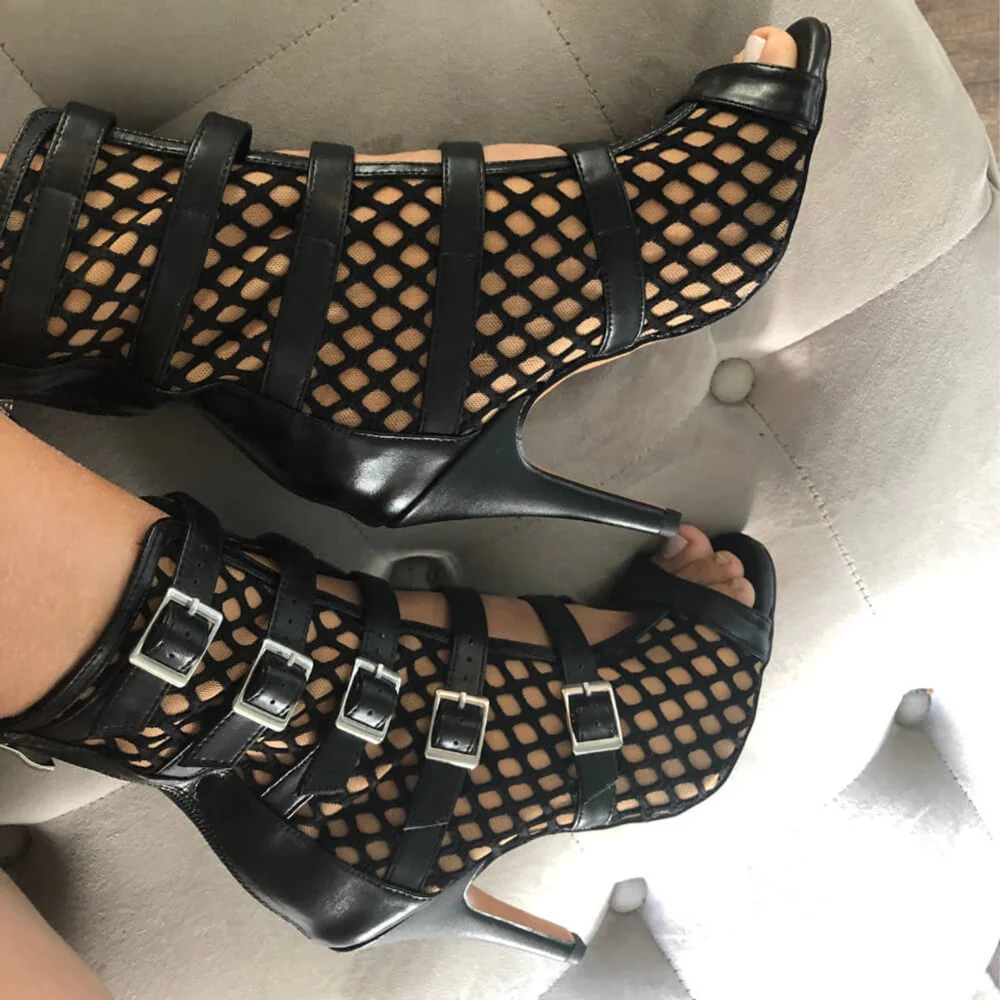 Riley - Fishnet with Buckle Straps Latin Dance Boots (Street Sole) - Image 4