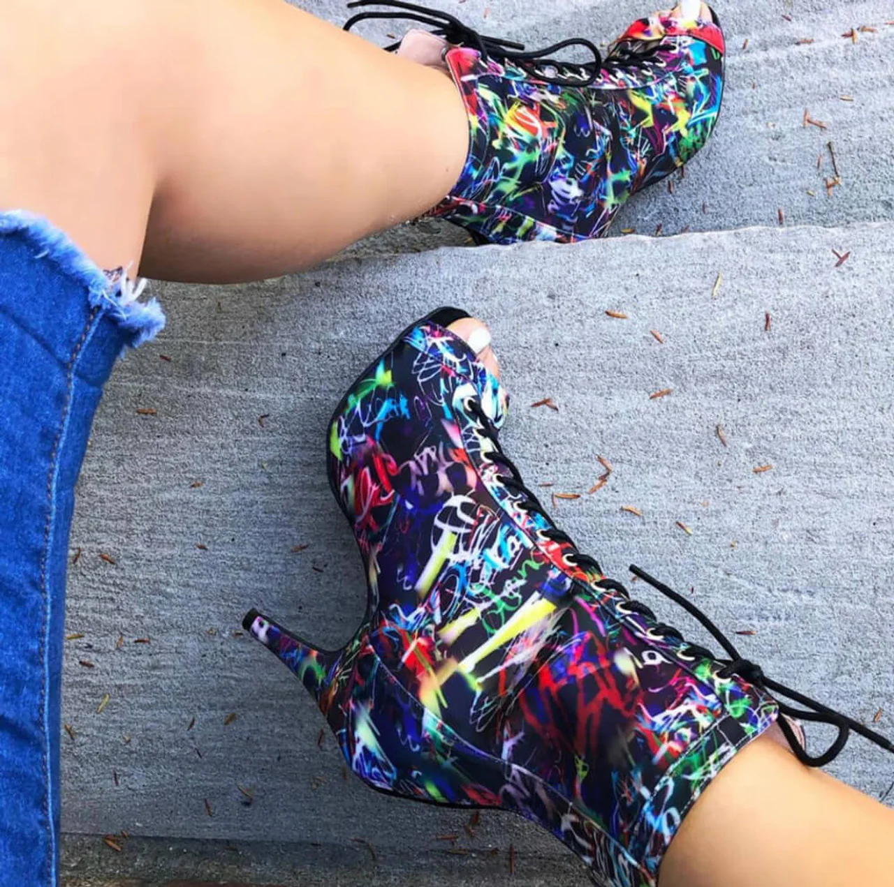 Sierralynn - Graffiti Print Open Toe Lace Up Dance Booties (Street Sole) - Image 3