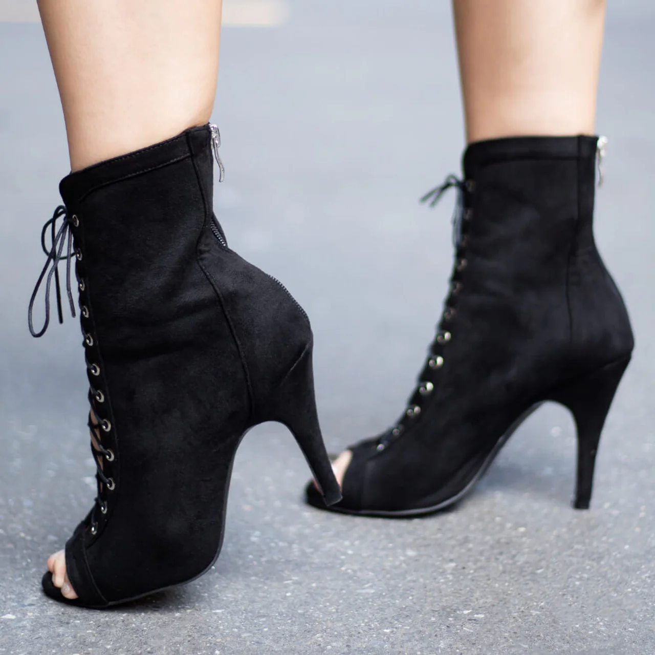 Sierralynn - Open Toe Faux Suede Lace Up Latin Dance Booties (Street Sole) - Image 3