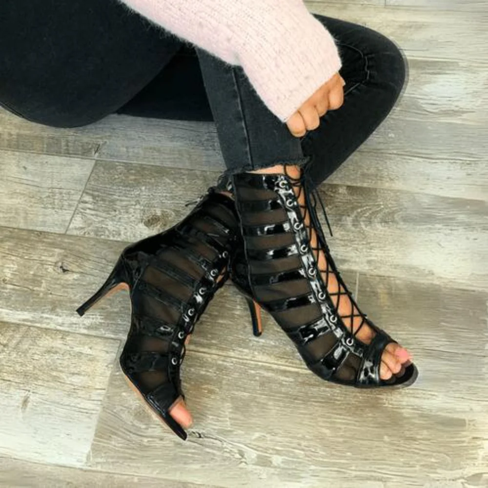 Tempest - Black Vegan Patent Mesh Dance Boots (Street Sole) - Image 3
