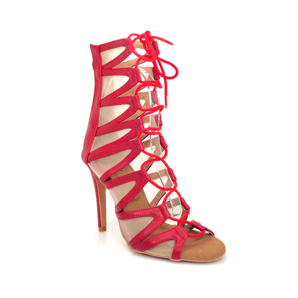Vikky - Strappy Mesh Cutout Lace Up Ankle Dance Booties (Street Sole) - Image 3